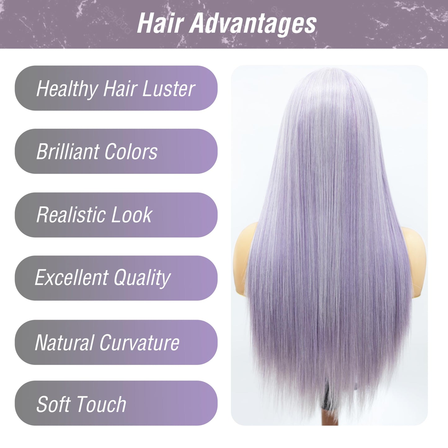 Fugady Long Light Purple Highlighted Glueless Straight Lace Front Wig Lavender 200 Density Pre Plucked Synthetic Heat Resistant Wig With Baby Hair Colorful Lace Wigs For Women Cosplay Party 26 inch