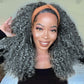 Aisaide Kinky Curly Headband Wig 16 Inch Headband Wigs for Black Women Gray None Lace Front Curly Wave Half Hair Wear and Go Glueless Wig