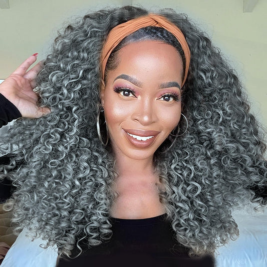 Aisaide Kinky Curly Headband Wig 16 Inch Headband Wigs for Black Women Gray None Lace Front Curly Wave Half Hair Wear and Go Glueless Wig