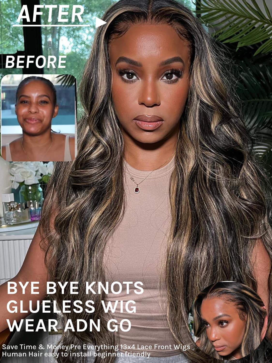 KLAIYI Bye Bye Knots Glueless Wig Human Hair 13x4 Balayage Highlight 3D Body Wave Precut Lace Front Wig with Baby Hair Black Mix Blonde Brown Pre Plucked Pre Bleached Knots Wig 30S Easy to Wear 26Inch