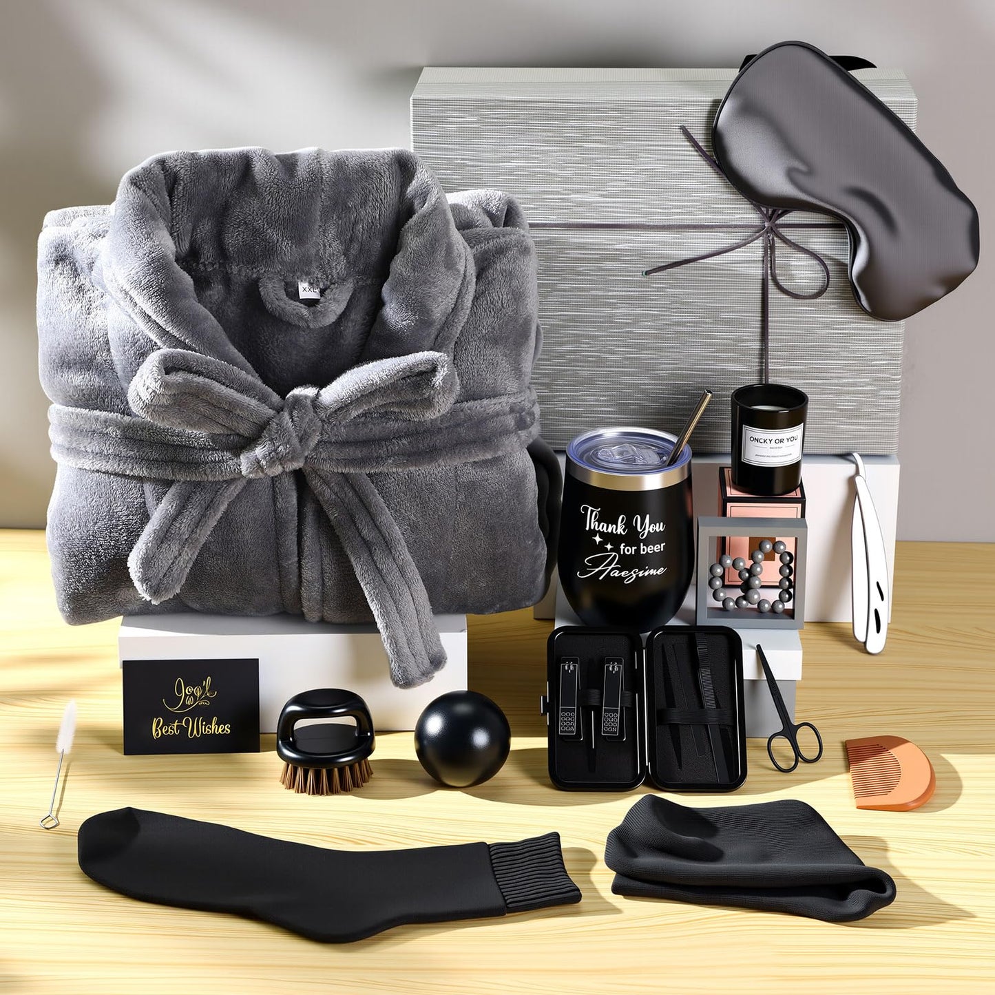 Nuogo 15 Pcs Birthday Gifts for Men Beard Care Set for Him Dad Birthday Gifts Basket Ideas Kit for Men Tumbler Bath Robe for Father's Day Dad Husband Boyfriend Box(Unhooded,Darkgray)