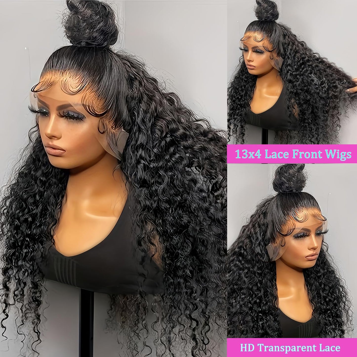 ANDRIA 13x4 Lace Front Wigs 200 Density Deep Wave Wig Black Curly Wig Pre-Plucked Glueless Lace Frontal Wigs Lace Front Wig with Baby Hair Heat Resistant Synthetic Hair Deep Curly Long Wigs 26 Inch