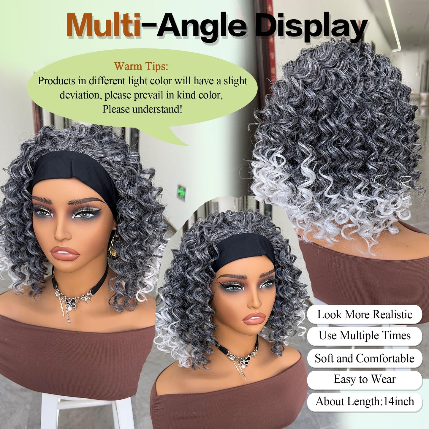 Aisaide Kinky Curly Headband Wig 12 Inch Highlighted Deep Curly Headband Wigs for Women Short Glueless No Lace Deep Curly Half Hair Wigs,Black Mix Gray to White