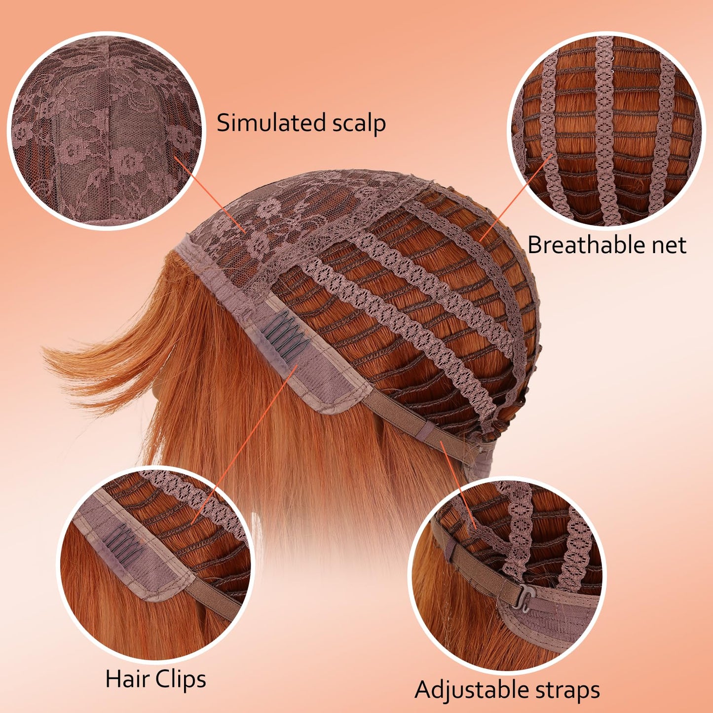 NOVFLKW Ginger Wig with Bangs for Women Long Straight Layered Hairstyle Put on Go Realistic Synthetic Heat Resistant Natural Wig for Girls Party Cosplay and Daily Use 26 inch