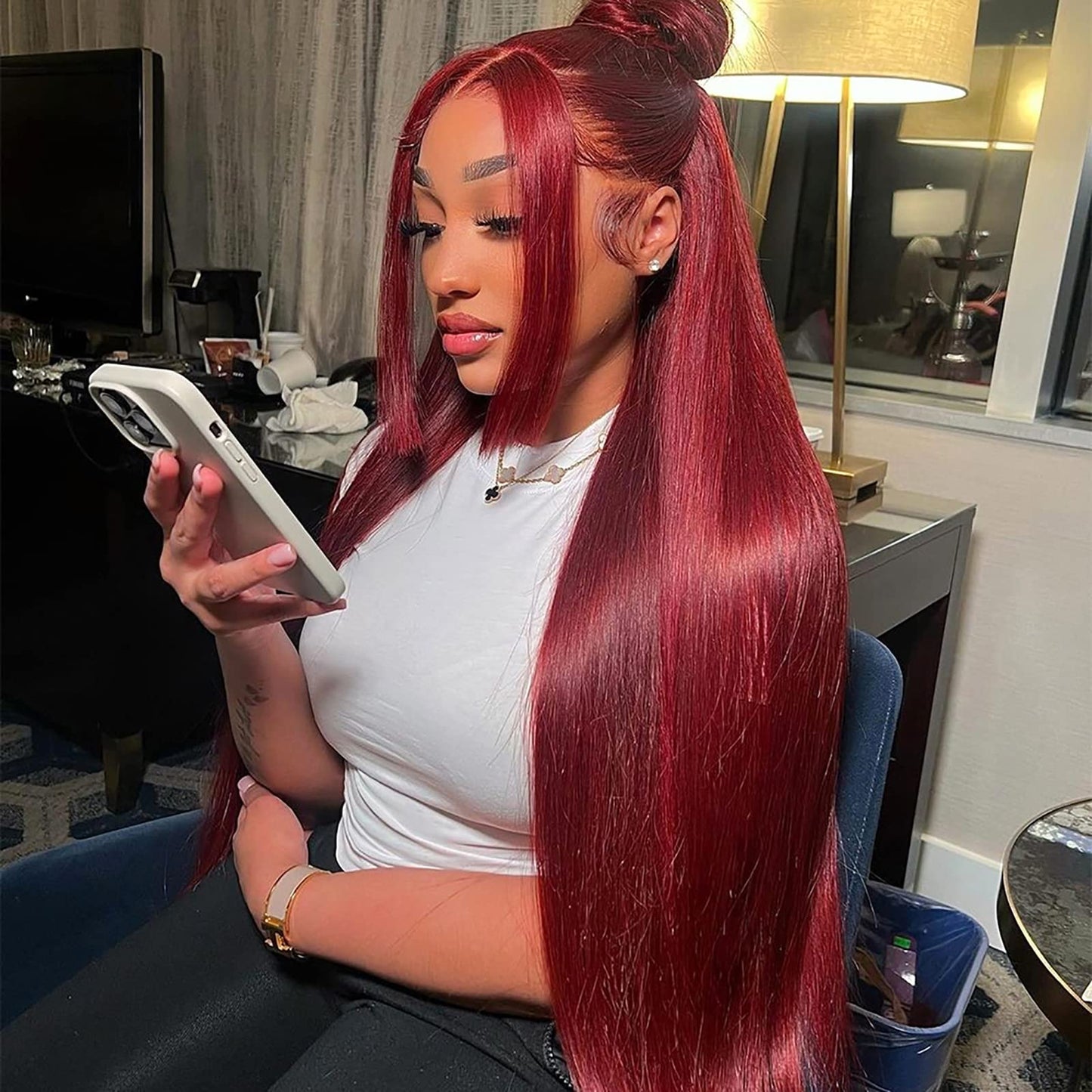 ANDRIA Lace Front Wigs Straight Hair Glueless Lace Wigs Synthetic Long Silk Straight Natural Wig Heat Resistant Fiber Red Wig With Baby Hair For Black Women 24 Inches