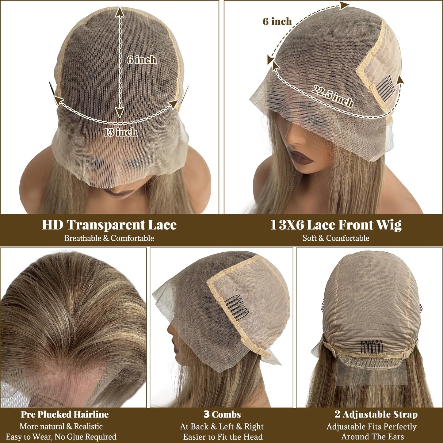 13x6 Ombre Lace Front Wigs Human Hair for Women Light Brown to Brown with Ash Blonde Highlights HD Straight Lace Closure Wig Glueless Remy Brazilian Virgin Hair 18 Inch Pre Plucked Bleached Knots