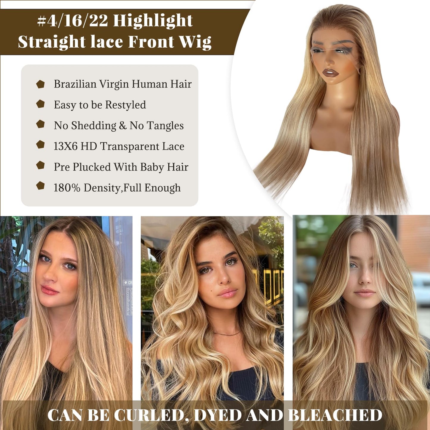 13x6 HD Lace Front Wigs Human Hair for White Women, 24 Inch Highlights Ombre Balayage Blonde Mixed Golden Blonde with #4 Brown Roots Glueless Lace Frontal Wigs Human Hair, Pre Plucked 180% Density