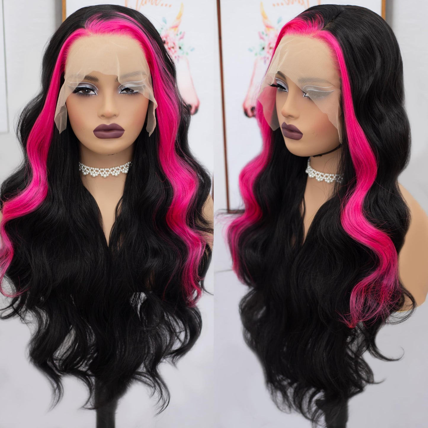 Fugady Black With Pink Highlight Body Wave Glueless Wig 13x4 Highlighted Heat Resistant Synthetic Lace Front Wig Pre Plucked 200 Density Loose Wave Wig With Baby Hair Colorful Wigs For Women 26 inch