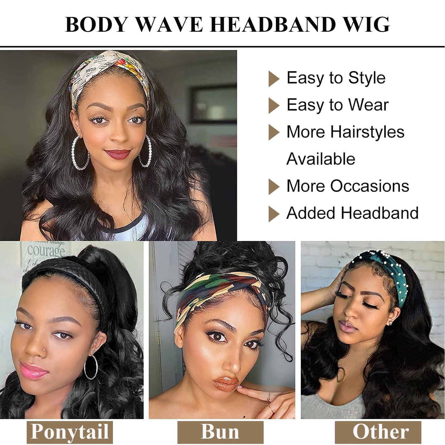Colorful Queen Glueless Headband Wig Synthetic Long Black Body Wave Headband Wigs for Black Women Natural Looking Wavy Wig Heat Resistant 180% Density(16inch, 1B/H27#)