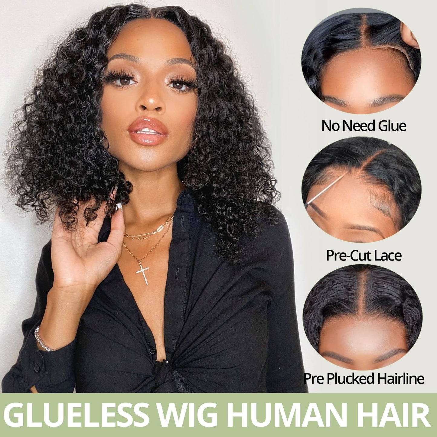 Eyefanniy Glueless Wigs Human Hair pre plucked Pre Cut Short Curly Bob Lace Front Wigs for Black Women 4x4 Lace Closure Glueless Wig with Elastic Band for Beginners 12 Inch