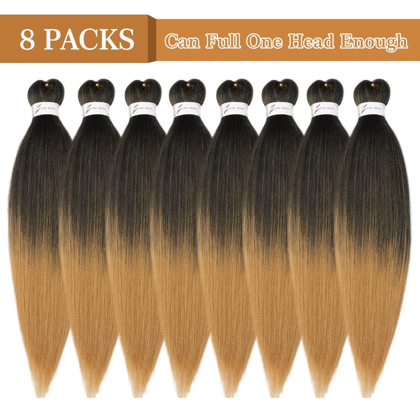 Ubeleco Pre Stretched Braiding Hair, 8 Packs 20 inch Braiding Hair Pre Stretched Yaki Texture, Hot Water Setting, Easy To Install Professional Synthetic Ombre Hair for Braiding(20in,1B/27)