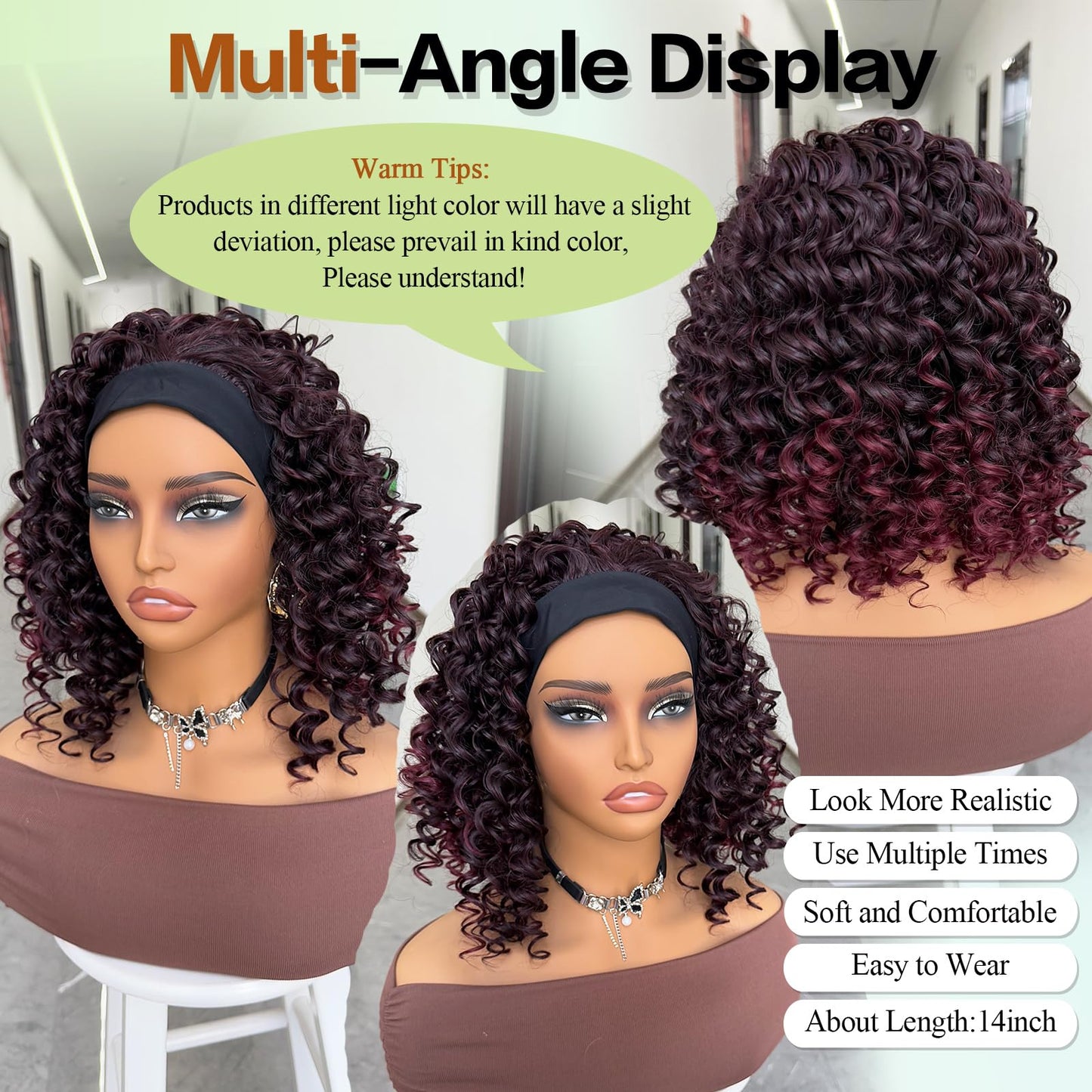Aisaide Kinky Curly Headband Wig 12 Inch Burgundy Deep Curly Headband Wigs for Women Short Glueless No Lace Deep Curly Half Hair Wigs,Burgundy with Highlighted