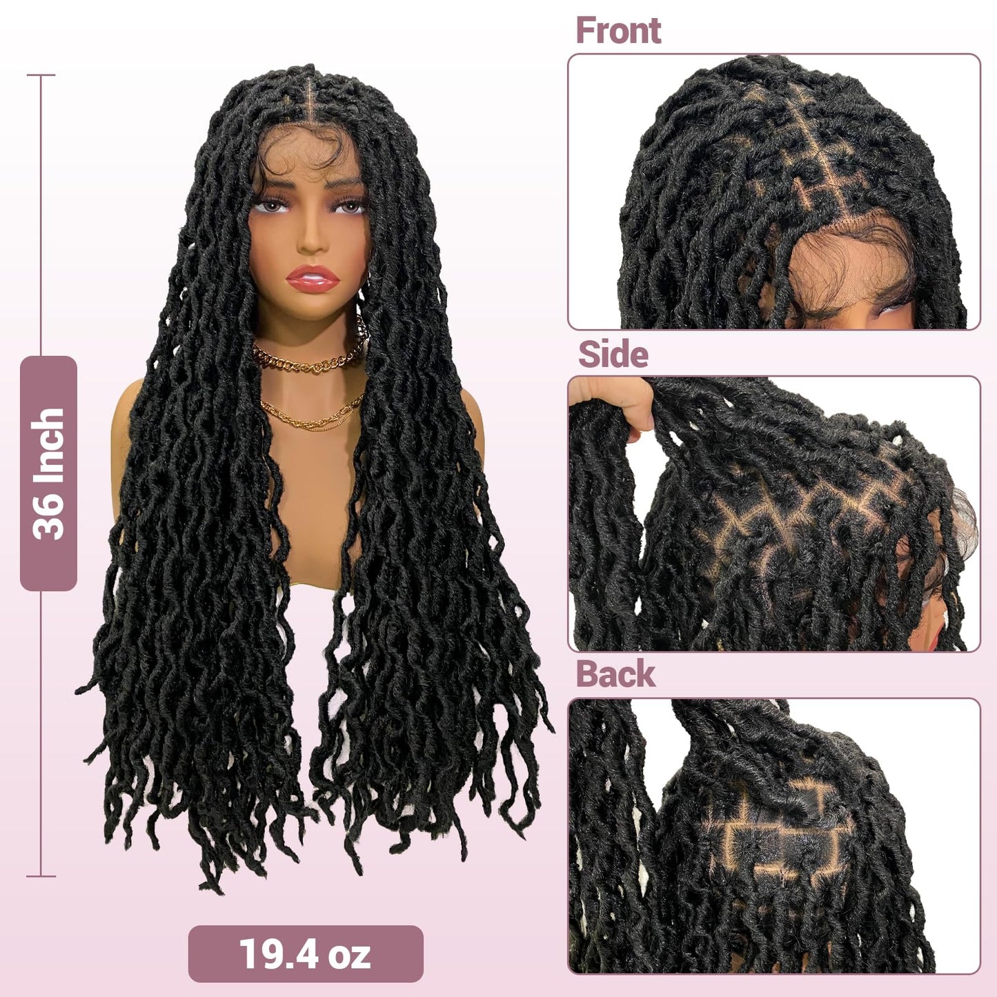 Janyuwool 36" Faux Locs Knotless Braided Wigs Dreadlock Full Double Lace Braid Wig Lace Front Braided Wig for Black Women Human Hair Blended Braids Wig with Baby Hair (Black)