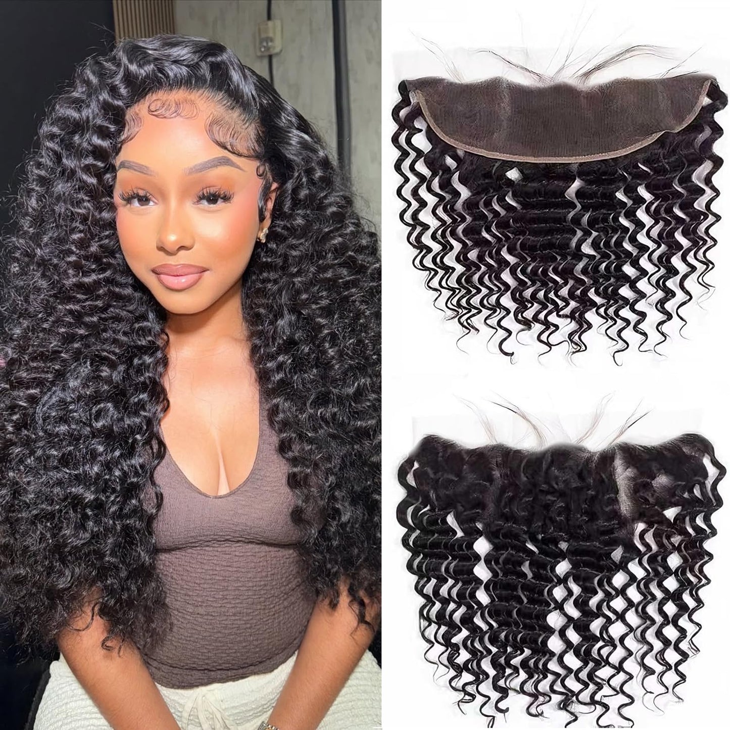Bexclent 13x4 Lace Frontal Closure Deep Wave 12 Inch Ear to Ear HD Lace Frontal Pre Plucked with Baby Hair Curly Human Hair Frontal Free Part 150% Density Natural Black Color