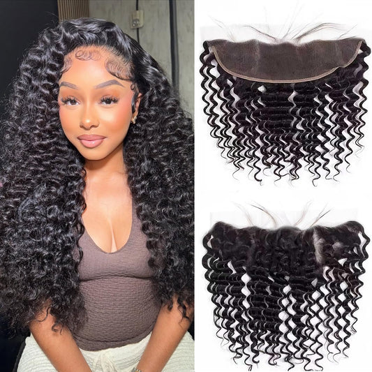 Bexclent 13x4 Lace Frontal Closure Deep Wave 12 Inch Ear to Ear HD Lace Frontal Pre Plucked with Baby Hair Curly Human Hair Frontal Free Part 150% Density Natural Black Color