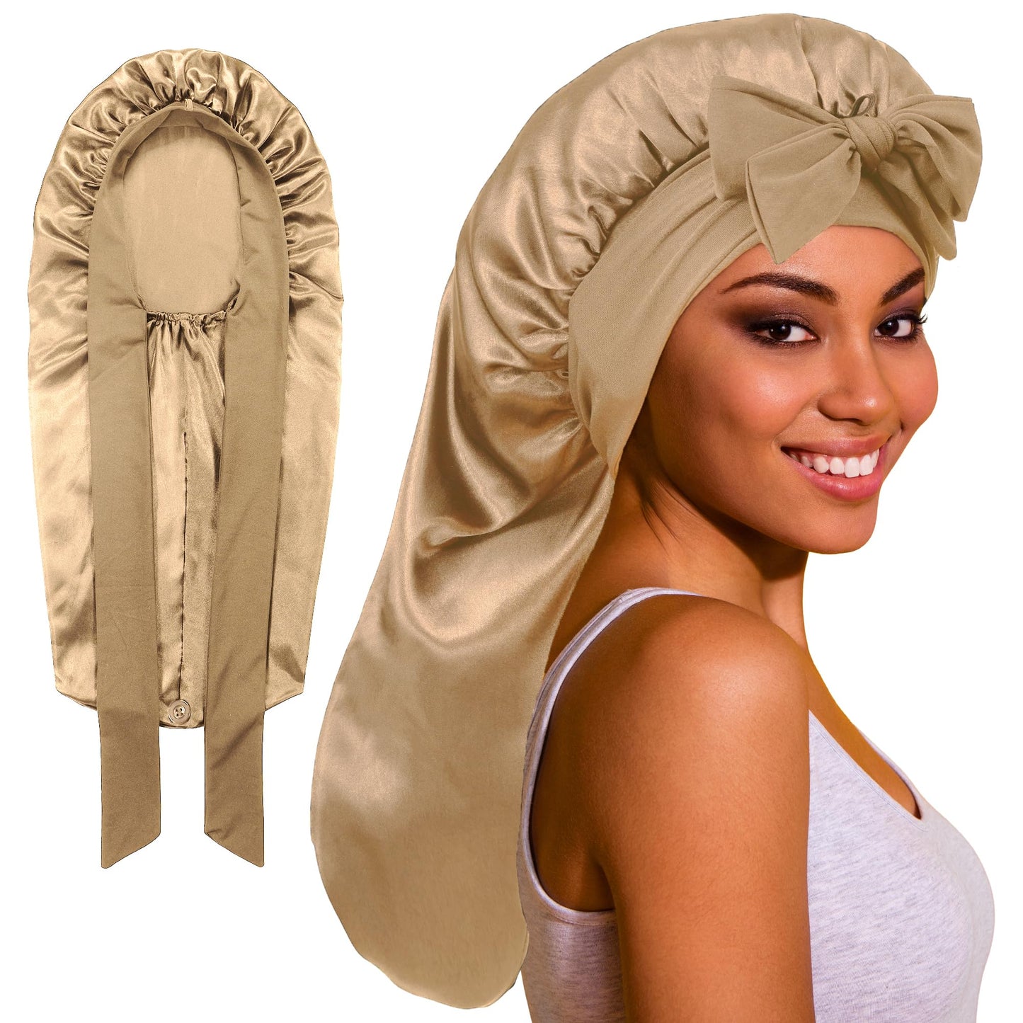 ROYBENS Long Bonnet Satin Hair Silk Bonnet for Sleeping Women, Silky Bonnets for Women with Tie Band, Sleep Cap for Braids Curly Hair