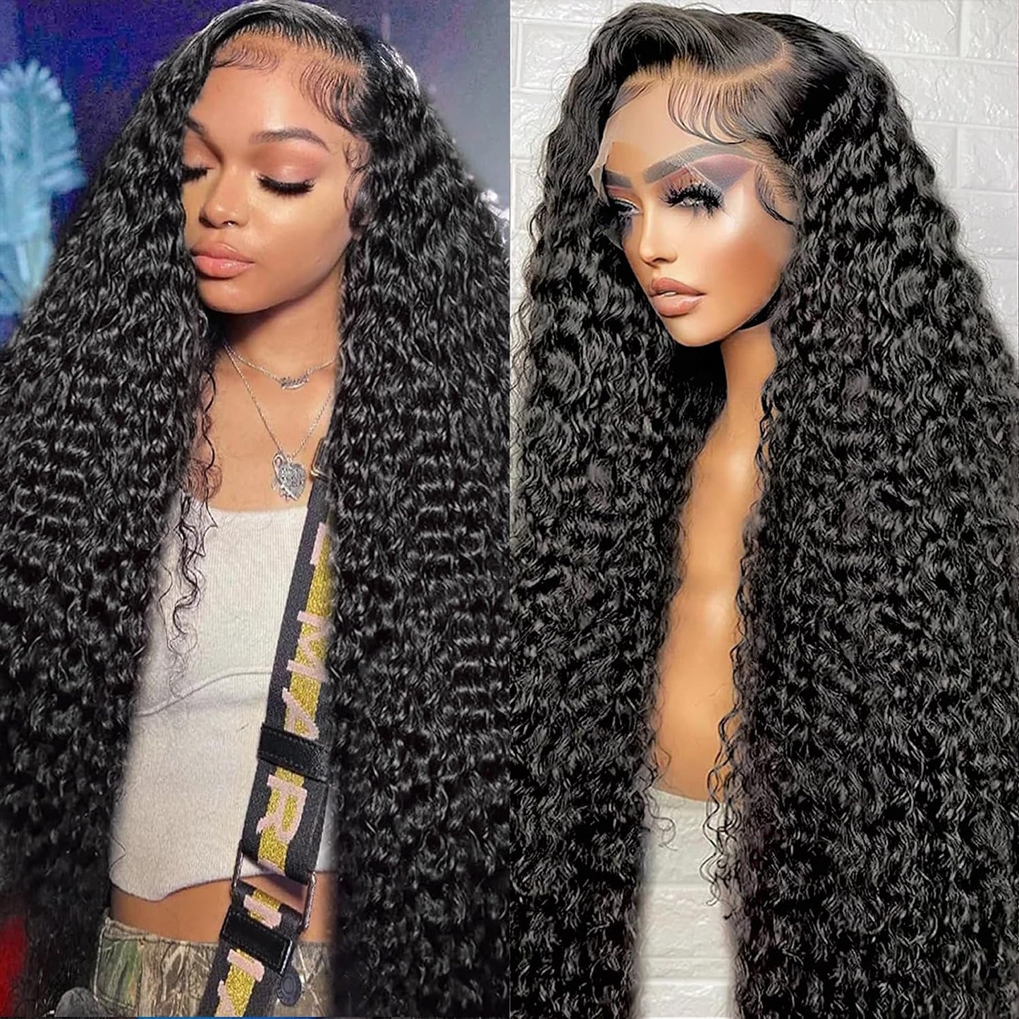 Gearina 34inch Deep Wave Lace Front Wigs Human Hair 200 Density 13x6 HD Transparent Lace Front Wigs for Women Deep Curly Lace Frontal Pre Plucked Wig Human Hair Glueless Wigs Natural Black
