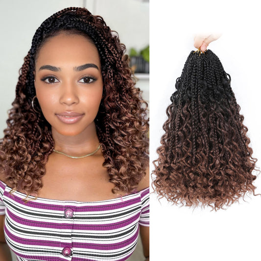 Yewell 9 Packs Goddess Box Braids Crochet Hair Boho Crochet Box Braids With Curly Ends CrochetHair For Black Women, 12 Inch Pre Looped Bohemian CrochetBox Braiding Hairs (12Inch 9 Packs,1B/4/30)