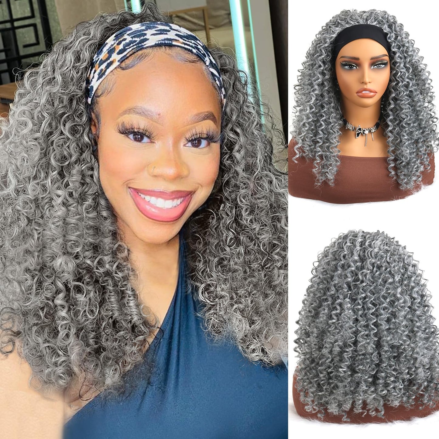 Aisaide Kinky Curly Headband Wig 16 Inch Headband Wigs for Black Women Gray None Lace Front Curly Wave Half Hair Wear and Go Glueless Wig