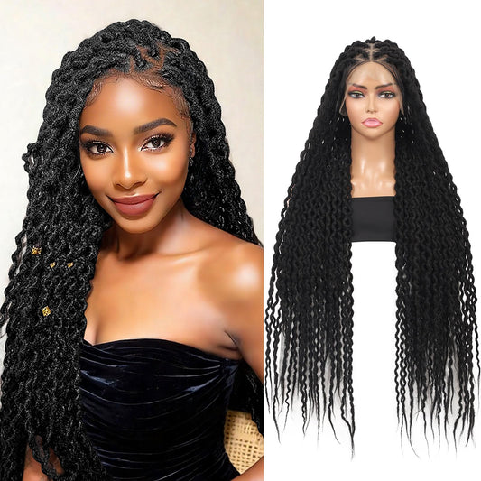 Olymei Locs Braided Wigs for Black Women Knotless Braided Wigs Loc Braided Wig with Baby Hair Full Double Lace Black Curly Locs Braided Wigs,38" Full Double Lace