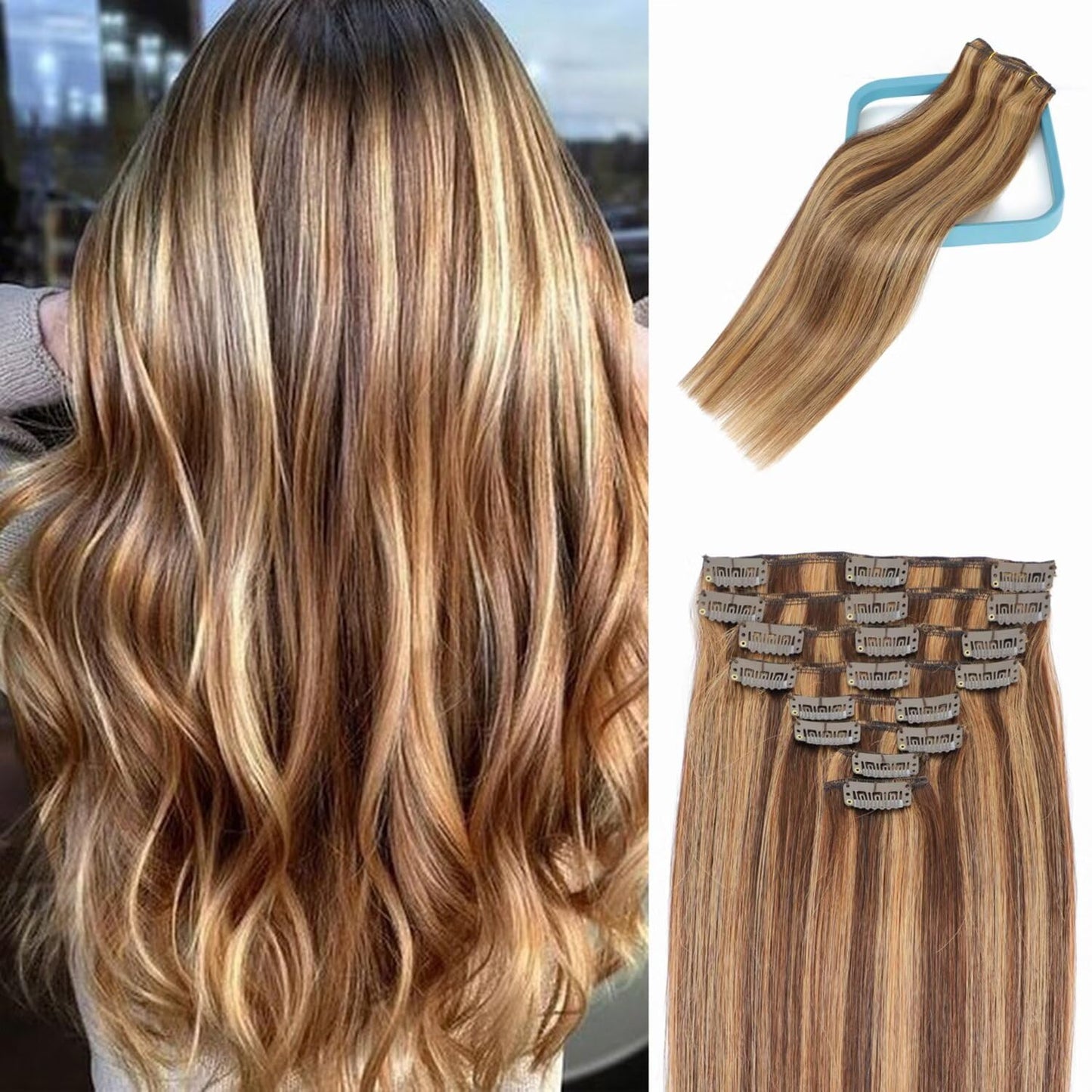 LORIEN Clip in Hair Extensions Real Human Hair, 24 Inch 120g, 4/27 Chocolate Brown to Caramel Blonde, Clip in 100% Brazilian Remy Human Hair Extensions 8pcs Per Set with 18 Clips Double Weft