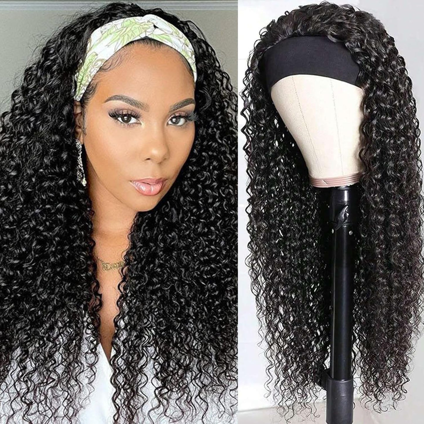 olimaruly Headband Wig Human Hair Deep Wave Natural Black 180% Density None Lace Front Human Hair Glueless Wigs for Black Women (24 Inch)