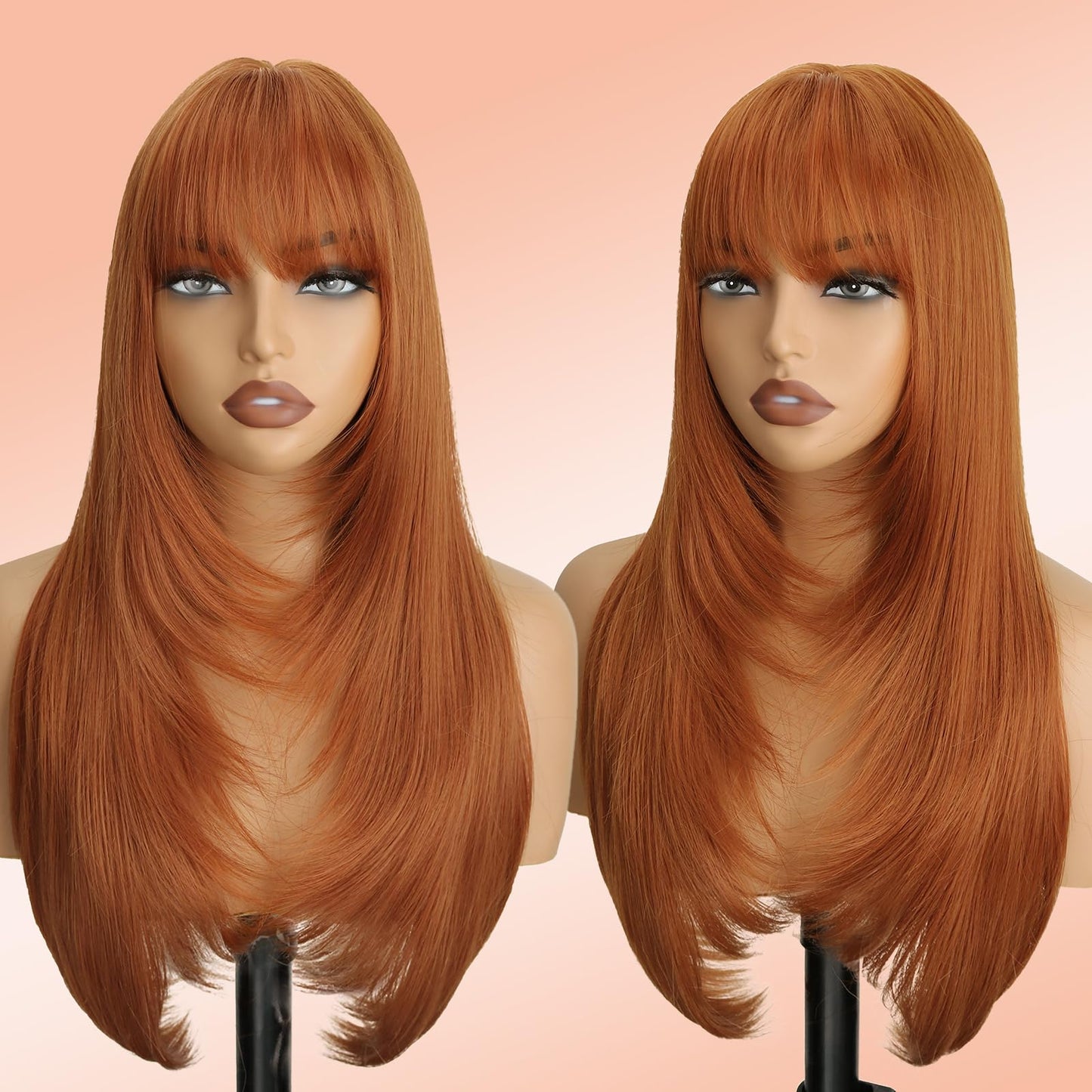 NOVFLKW Ginger Wig with Bangs for Women Long Straight Layered Hairstyle Put on Go Realistic Synthetic Heat Resistant Natural Wig for Girls Party Cosplay and Daily Use 26 inch