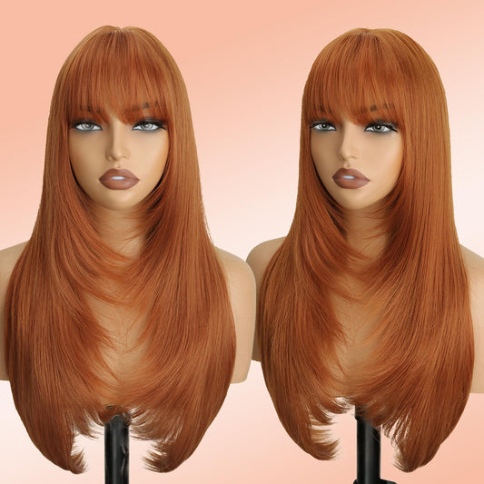 NOVFLKW Ginger Wig with Bangs for Women Long Straight Layered Hairstyle Put on Go Realistic Synthetic Heat Resistant Natural Wig for Girls Party Cosplay and Daily Use 26 inch