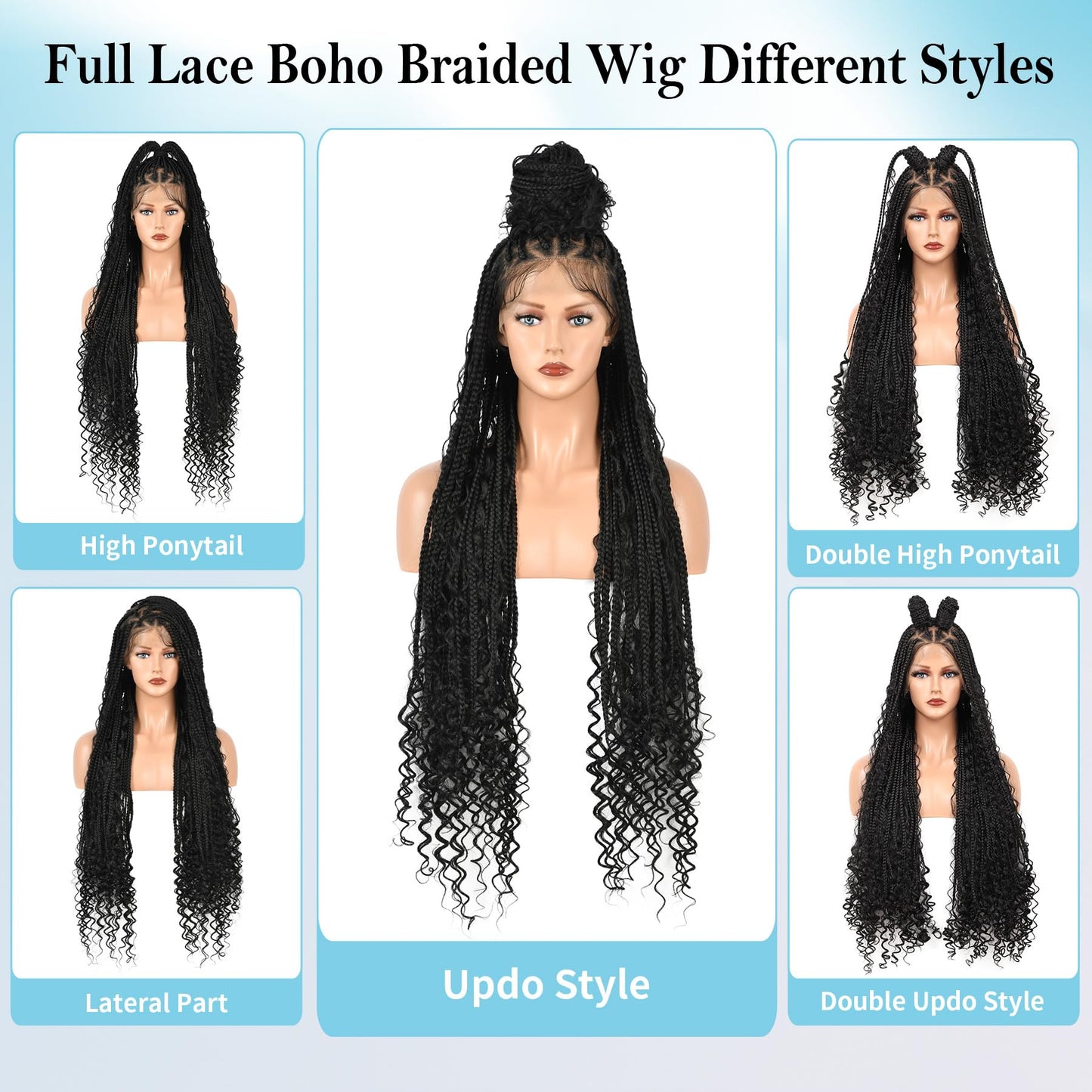 Olymei Boho Braided Wigs for Black Women Knotless Braided Wigs Box Braid Wig with Baby Hair Full Double Lace Black Boho Braided Wig Premium Synthetic Lace Braided Wig,36" Double Lace