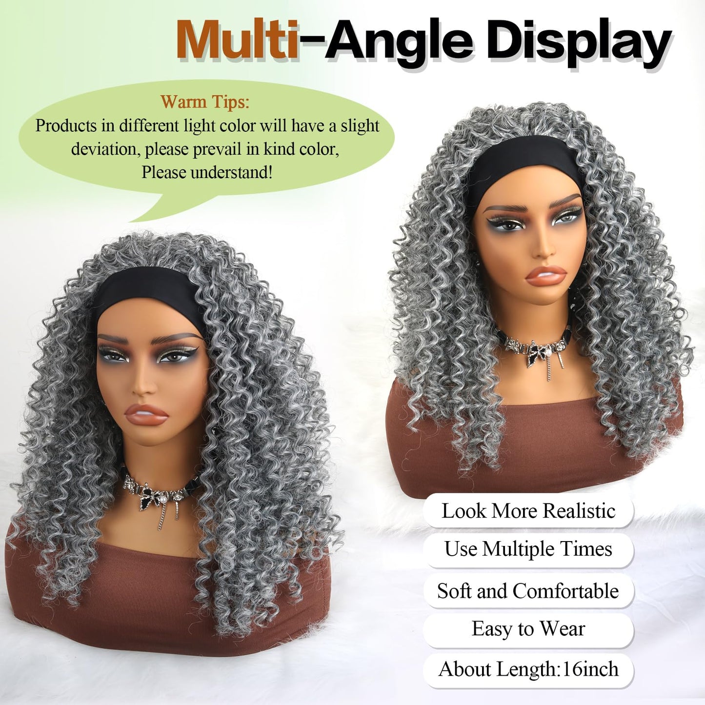 Aisaide Kinky Curly Headband Wig 16 Inch Headband Wigs for Black Women Gray None Lace Front Curly Wave Half Hair Wear and Go Glueless Wig