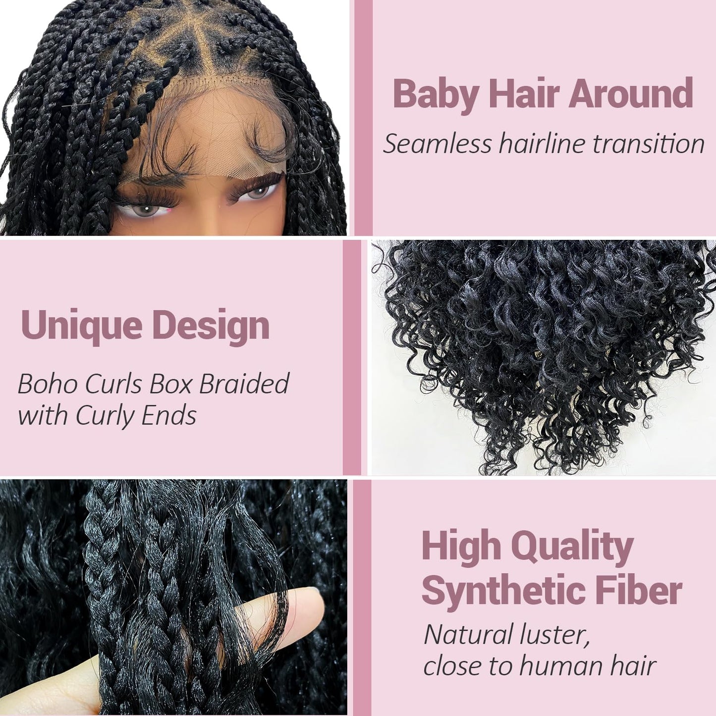 Janyuwool 36" Boho Triangle Knotless Box Braided Wigs Full Double Lace Braid Wig for Women Lace Frontal Human Hair Blended Braided Wig with Boho Curls Lace Front Braids Wigs with Baby Hair (Black)
