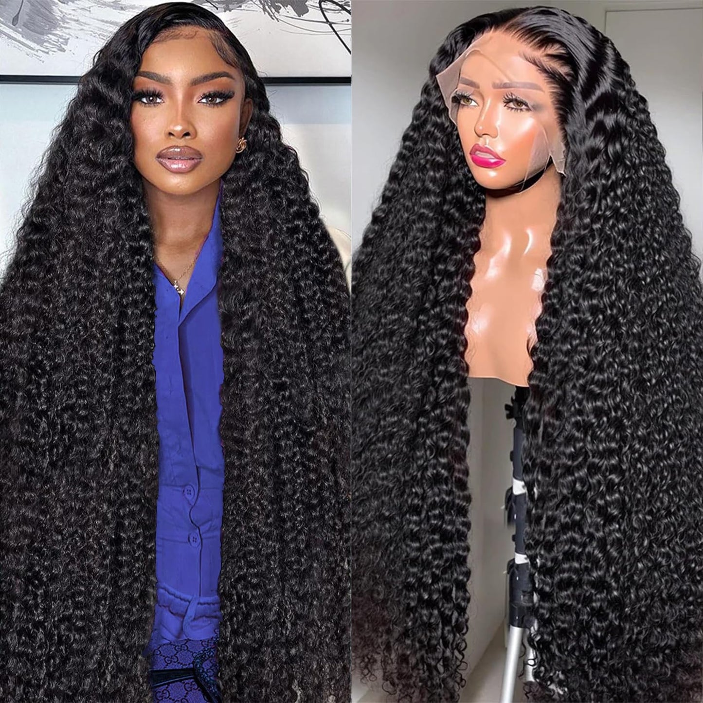 KVFCT 36 Inch Deep Wave Lace Front Wigs Human Hair 13x6 HD Transparent Deep Wave Frontal Wigs Human Hair Pre Plucked Deep Curly Human Hair Wigs Glueless Curly Lace Front Wig Natural Hairline