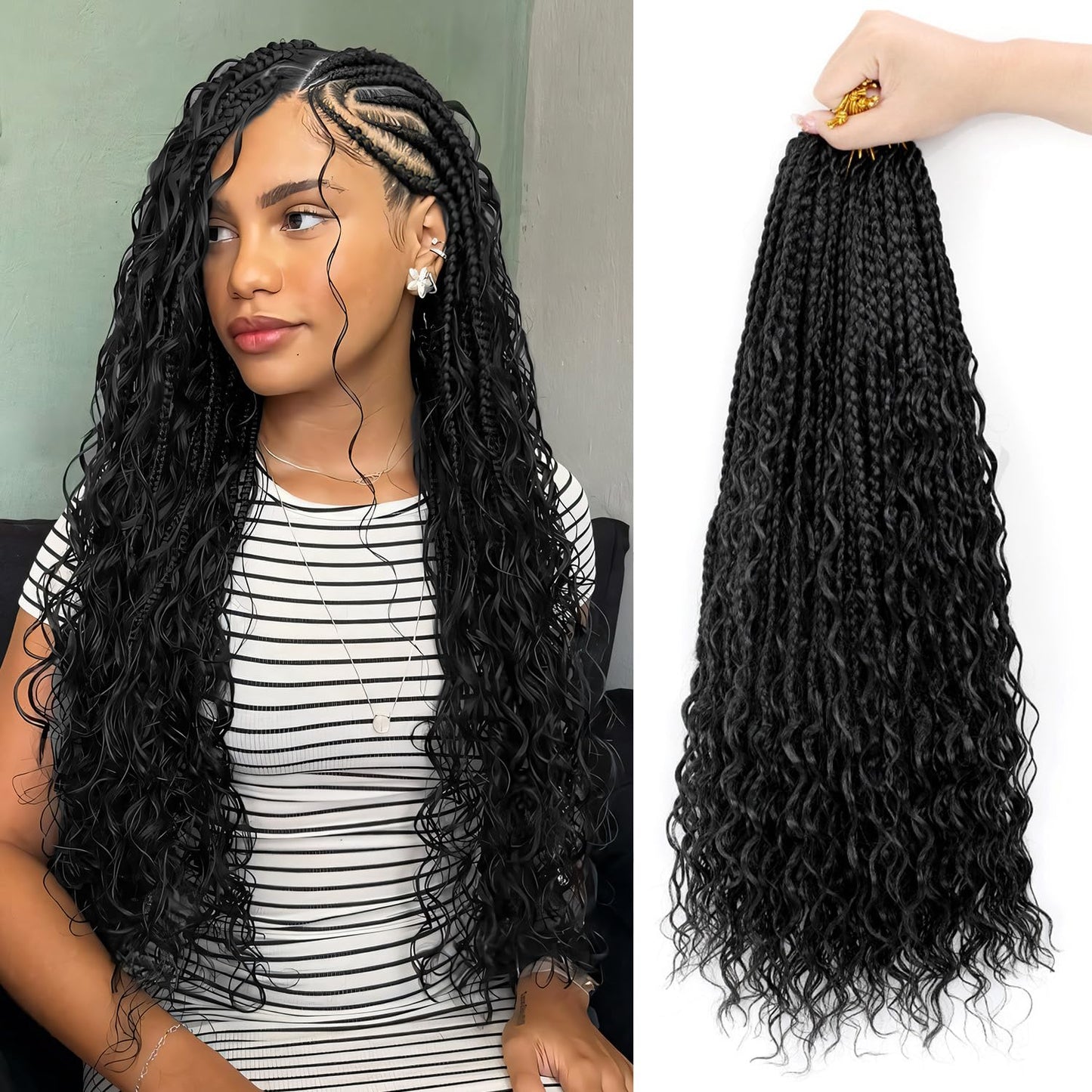 Boho Box Crochet Braids Human Hair Mixed 9 Packs Goddess Braids Crochet 18 Inch Pre-looped Bohomian Crochet Hair Extensions (18Inch,1B)