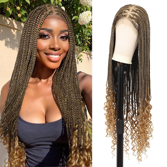 Olymei 360° Hd Full Lace Braided Wigs for Women Triangle Knotless Braided Wigs with Curly End with Baby Hair Box Braid Wig Premium Synthetic Braid Lace Front Wig Light Brown 36"