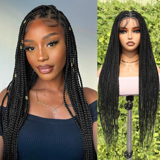 FAVE Braided Wig Box Braid Wig with Baby Hair Braided Wigs for Black Women Full Lace 28 IN Knotless Braided Wigs for Black Women Box Braid Wig for Small Head -1B