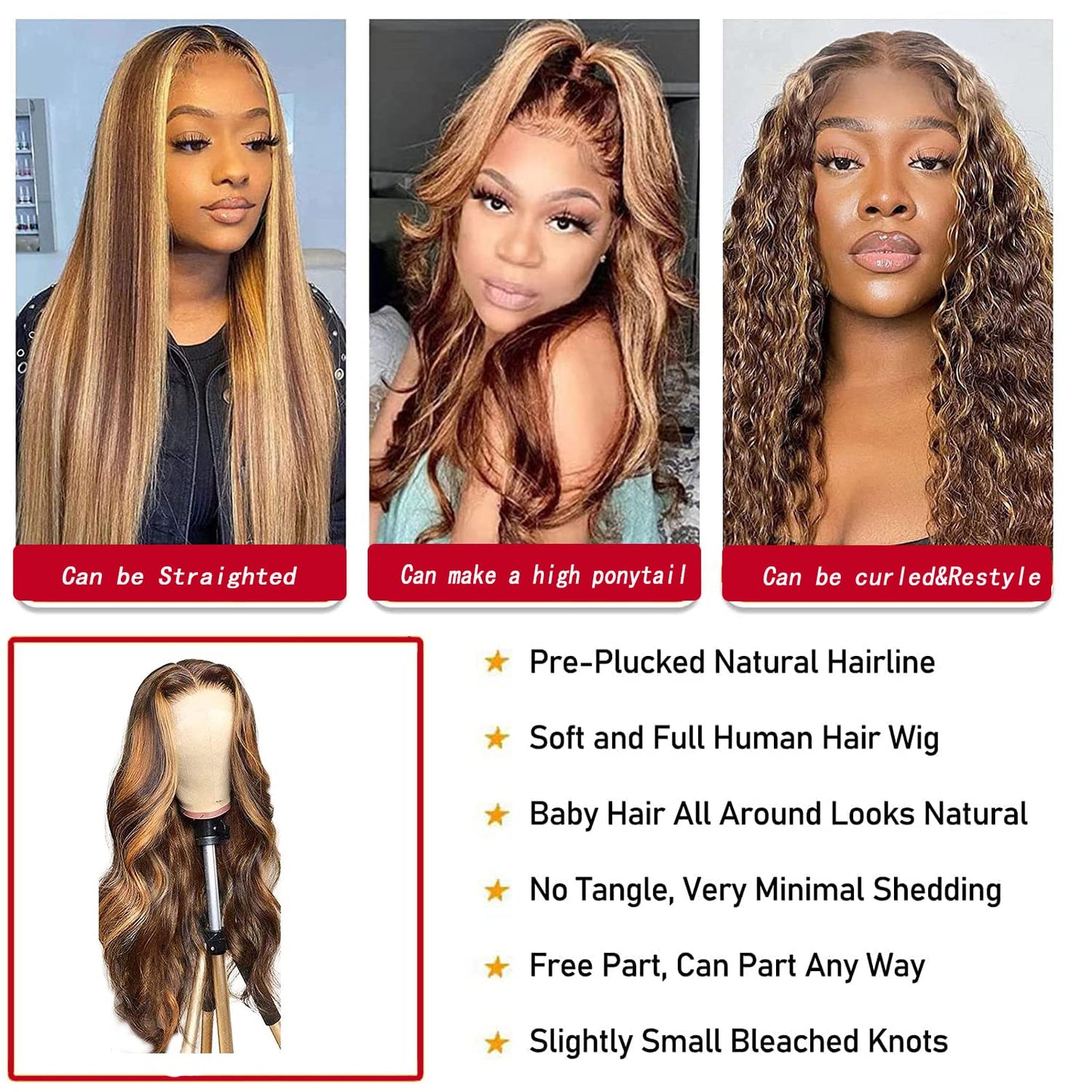 LAPONDAI Highlight Ombre 13x4 Body Wave HD Lace Front Wig Human Hair Pre Plucked Transparent 4/27 Honey Blonde lace frontal Wigs with Baby Hair 150% Density Colored 22 Inch