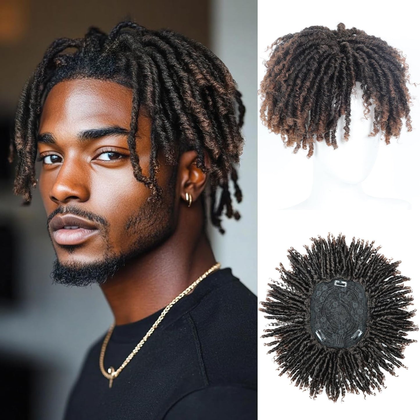 BECUS Dreadlock Hair Topper for Men Afro Synthetic Toupee with Bangs Short Braided Dreads Lock Wiggy Topper for Daily Wear Cosplay Halloween Party (Brown)