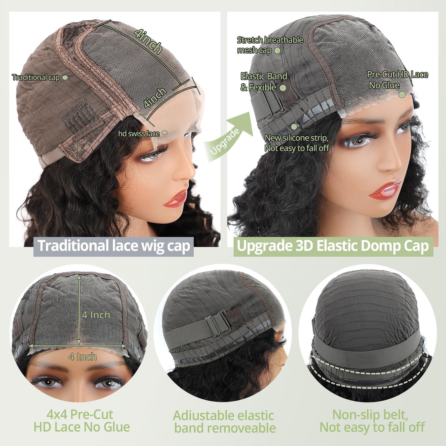 Eyefanniy Glueless Wigs Human Hair pre plucked Pre Cut Short Curly Bob Lace Front Wigs for Black Women 4x4 Lace Closure Glueless Wig with Elastic Band for Beginners 12 Inch