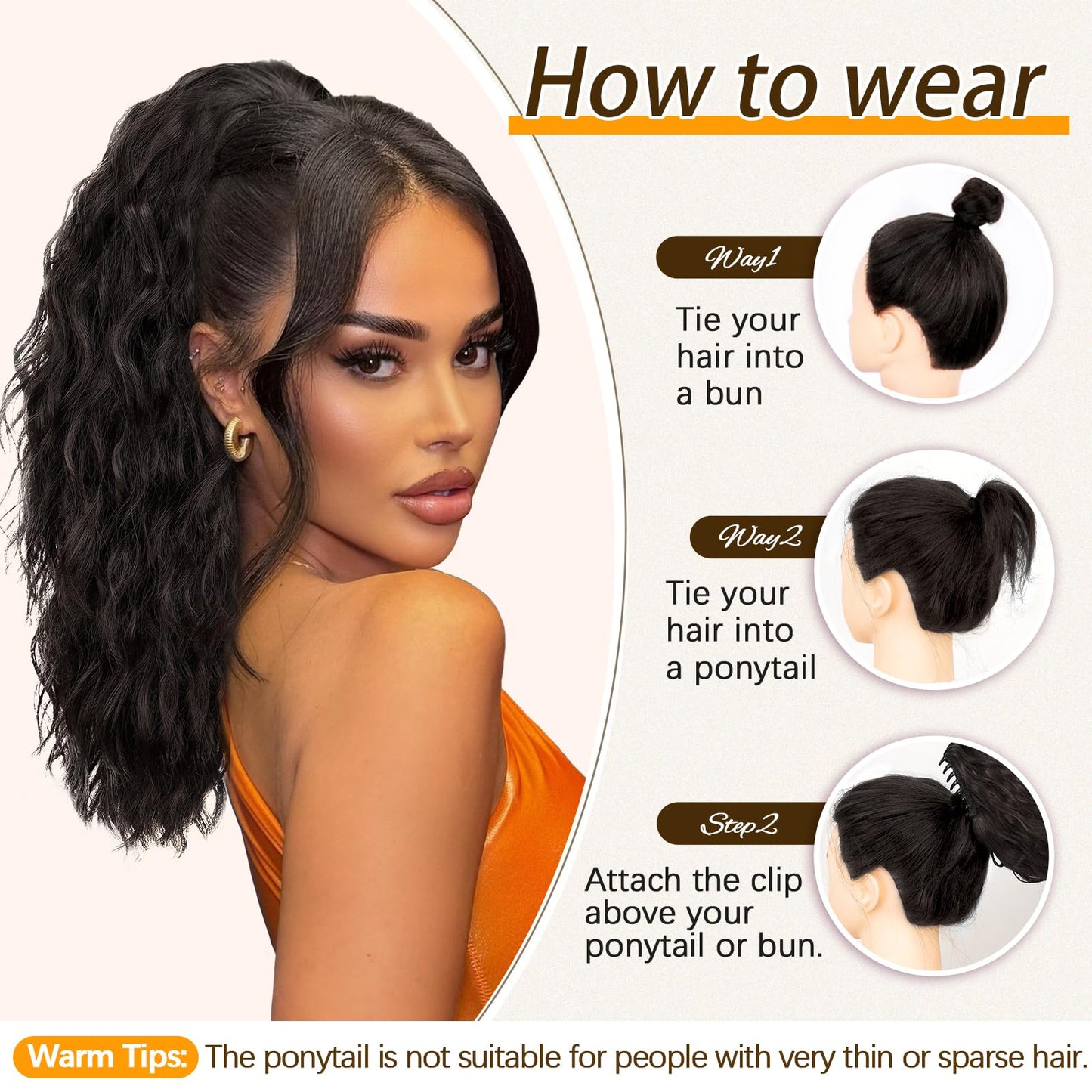 ORSUNCER Ponytail Extension 18" Curly Pony Tail Clip in Claw Ponytail Fluffy Natural Looking Synthetic Hairpiece for Women