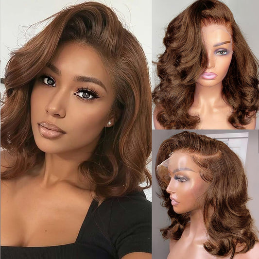 Afribye Brown Wig Human Hair 200% Density 13x6 Body Wave Lace Front Wigs Human Hair Pre Plucked Short Wigs for Black Women Glueless Frontal Wig Human Hair Loose Wavy 12 inch