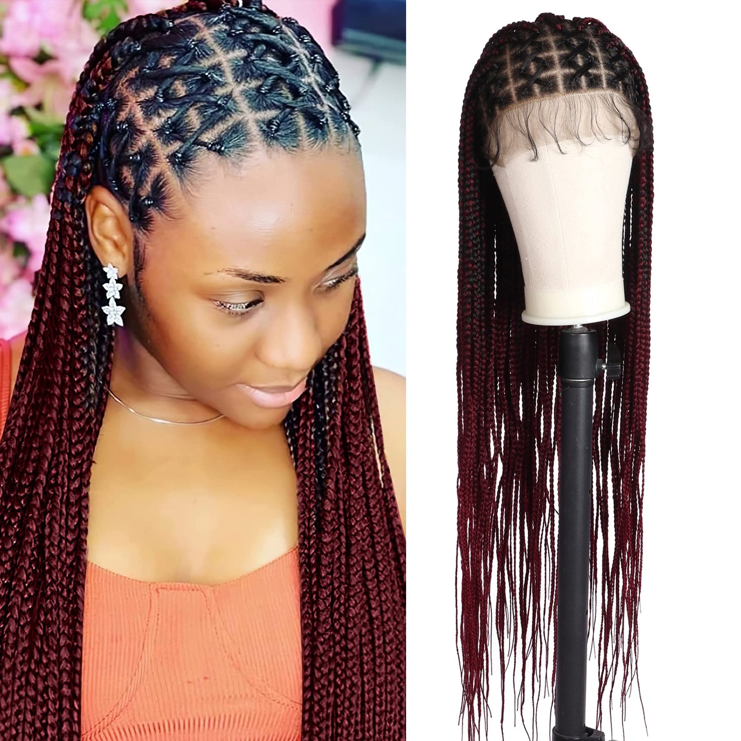 Alebery 36" Full Lace Criss Cross Knotless Box Braided Wigs for Black Women Knotless Box Braids Lace Front Wig with Baby Hair Lightweight Synthetic Burgundy Cornrow Braided Wigs (1B/BG)
