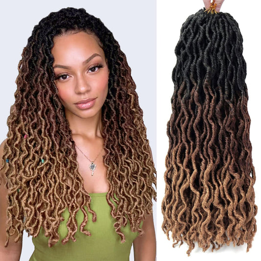 18 Inch Goddess Faux locs Crochet Hair 6 Packs/Lot Soft Gypsy Locs Wavy Crochet Braids Dreadlocks 3 Tone Curly Wavy Twist Braiding Hair Extensions African Roots Braid（#1B/30/27)