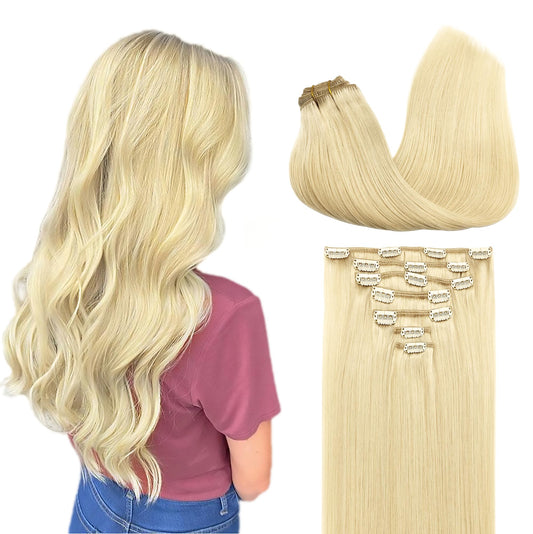 GOO GOO Clip in Hair Extensions Real Human Hair, Remy Human Hair Extensions Clip ins for Women, Natural Human Hair, 14inch 120g 7Pcs, 613R Bleach Blonde