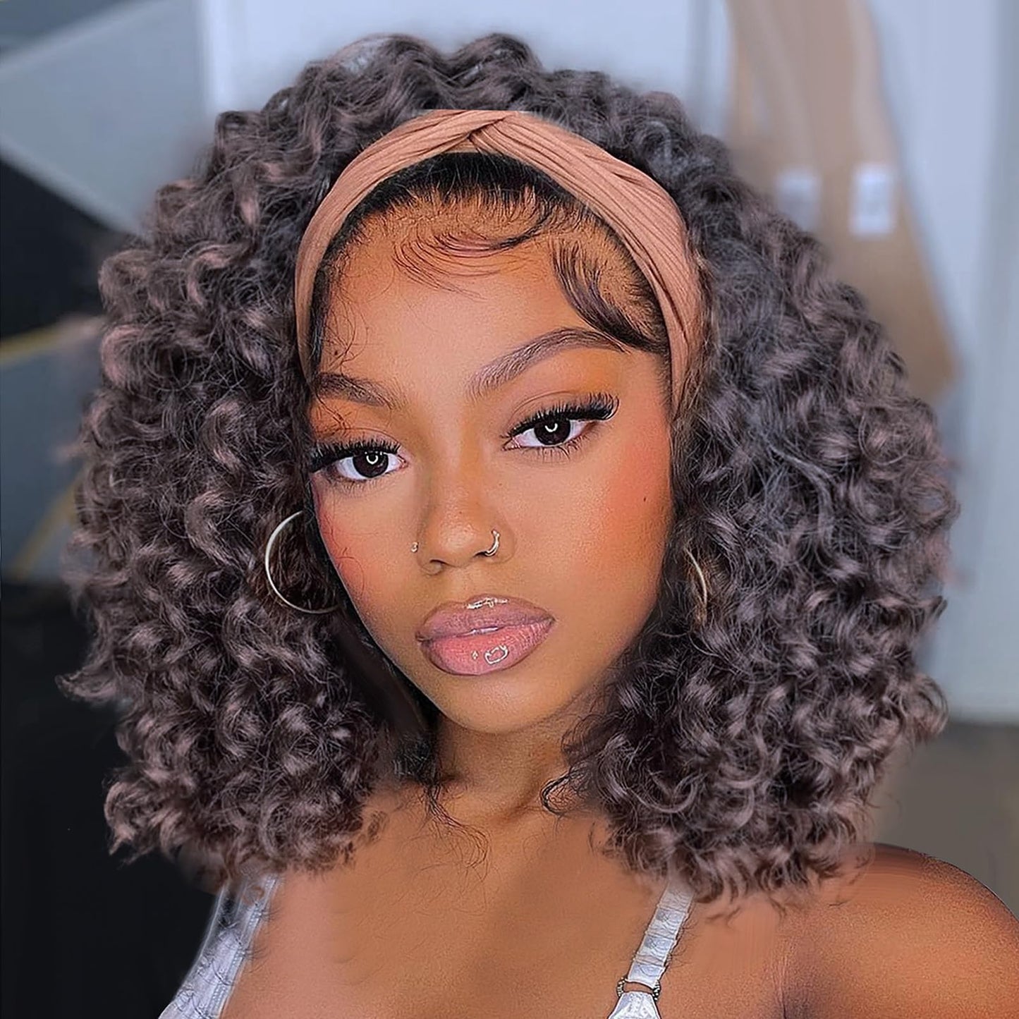 Aisaide Headband Wig 12 Inch Deep Curly Headband Wigs for Black Women Highlighted Brown Glueless No Lace Kinky Curly Half Hair Wigs,Dark Chocolate Brown