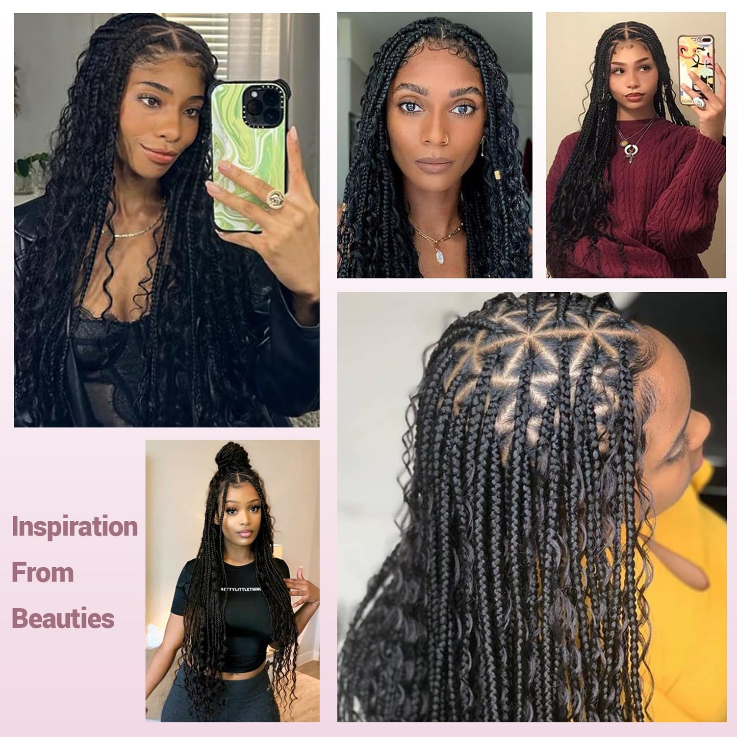 Janyuwool 36" Boho Triangle Knotless Box Braided Wigs Full Double Lace Braid Wig for Women Lace Frontal Human Hair Blended Braided Wig with Boho Curls Lace Front Braids Wigs with Baby Hair (Black)