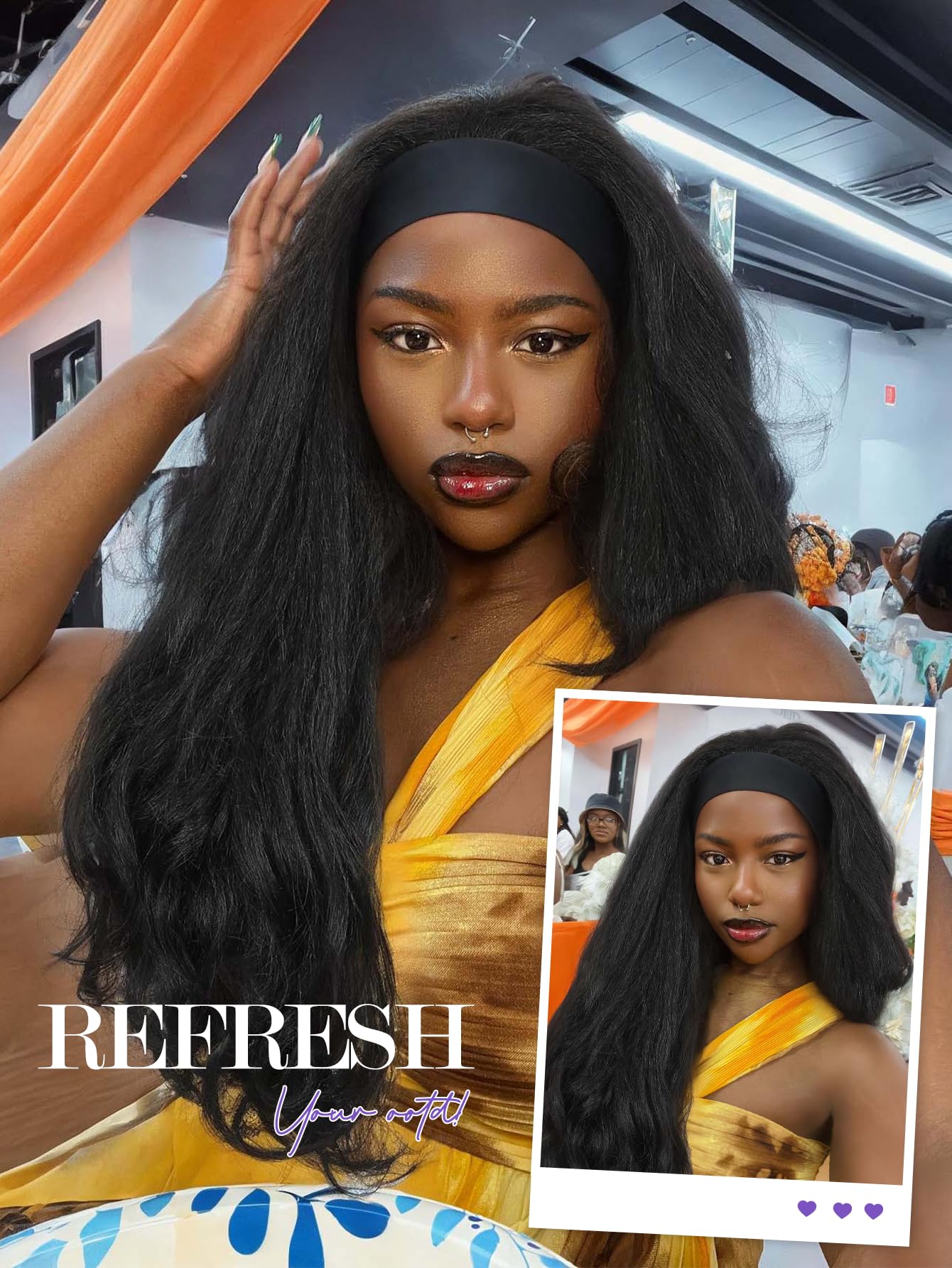 FANCEE Yaki Wavy Headband Wigs Black Kinky Straight Wear and Go Wig with Curly Wavy Ends for Mom on the Go Synthetic Headband Blow Out Style Natural Hair Wig for Black Women