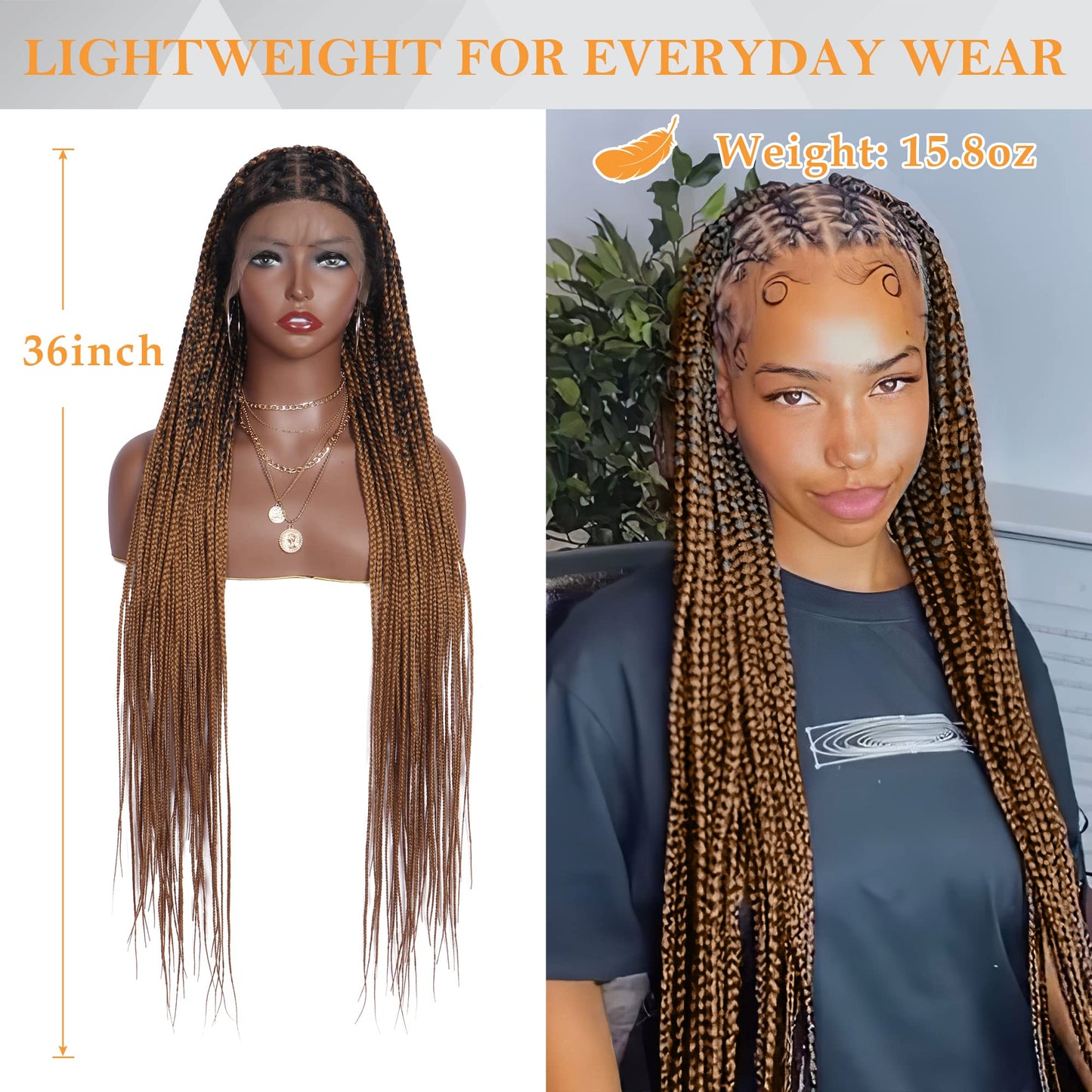Alebery 36" Full Lace Criss Cross Knotless Box Braided Wigs for Black Women Knotless Box Braids Lace Front Wig with Baby Hair Lightweight Synthetic Light Brown Cornrow Braided Wigs (1B/27)