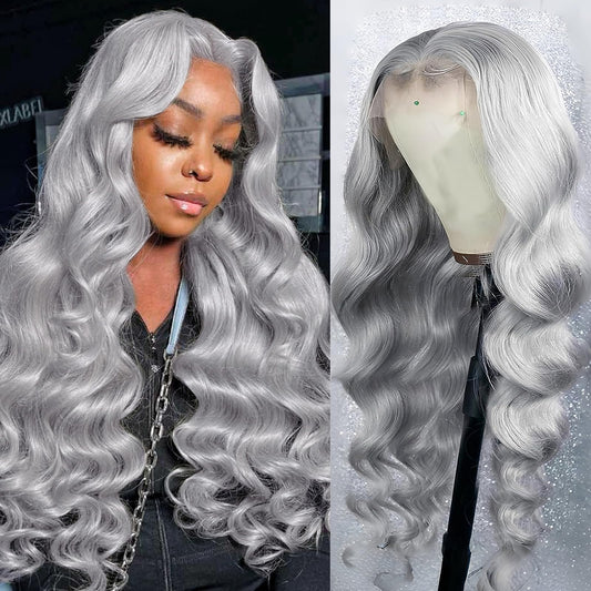 ELFSECRET Grey Lace Front Wigs Human Hair Glueless 13x6 Hd Lace Front Wig Human Hair Pre Plucked 180 Density Silver Grey Body Wave Wig Human Hair for Women Wear and Go Grey Wig 20 Inch