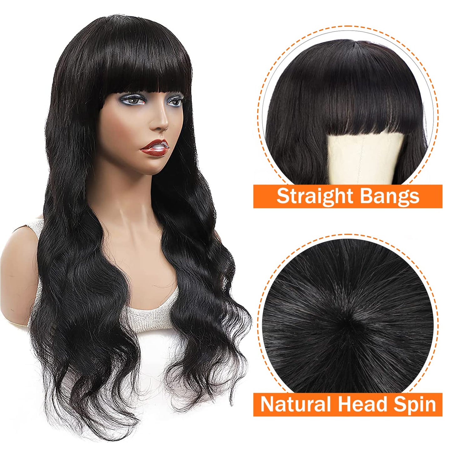 Lativ Body Wave Human Hair Wigs with Bangs None Lace Front Wigs 150% Density Glueless Machine Made Brazilian Virgin Human Hair Wigs for Black Women Natural Color(16 Inch, Body Wave)
