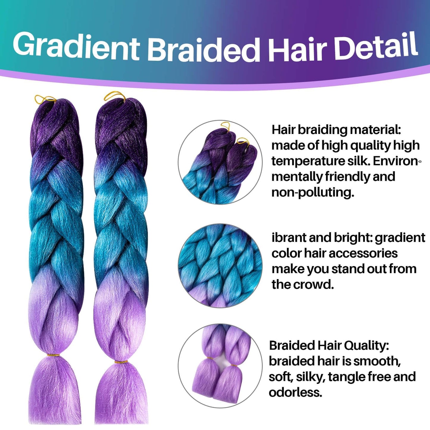 MAQIHAN 2 Pack Jumbo Braiding Hair - 24Inch purple-lake blue-light purple Braiding Hair Synthetic Hair Extensions Rainbow Braiding Hair High Temperature Synthetic braiding hair Wedding Makeup Styling